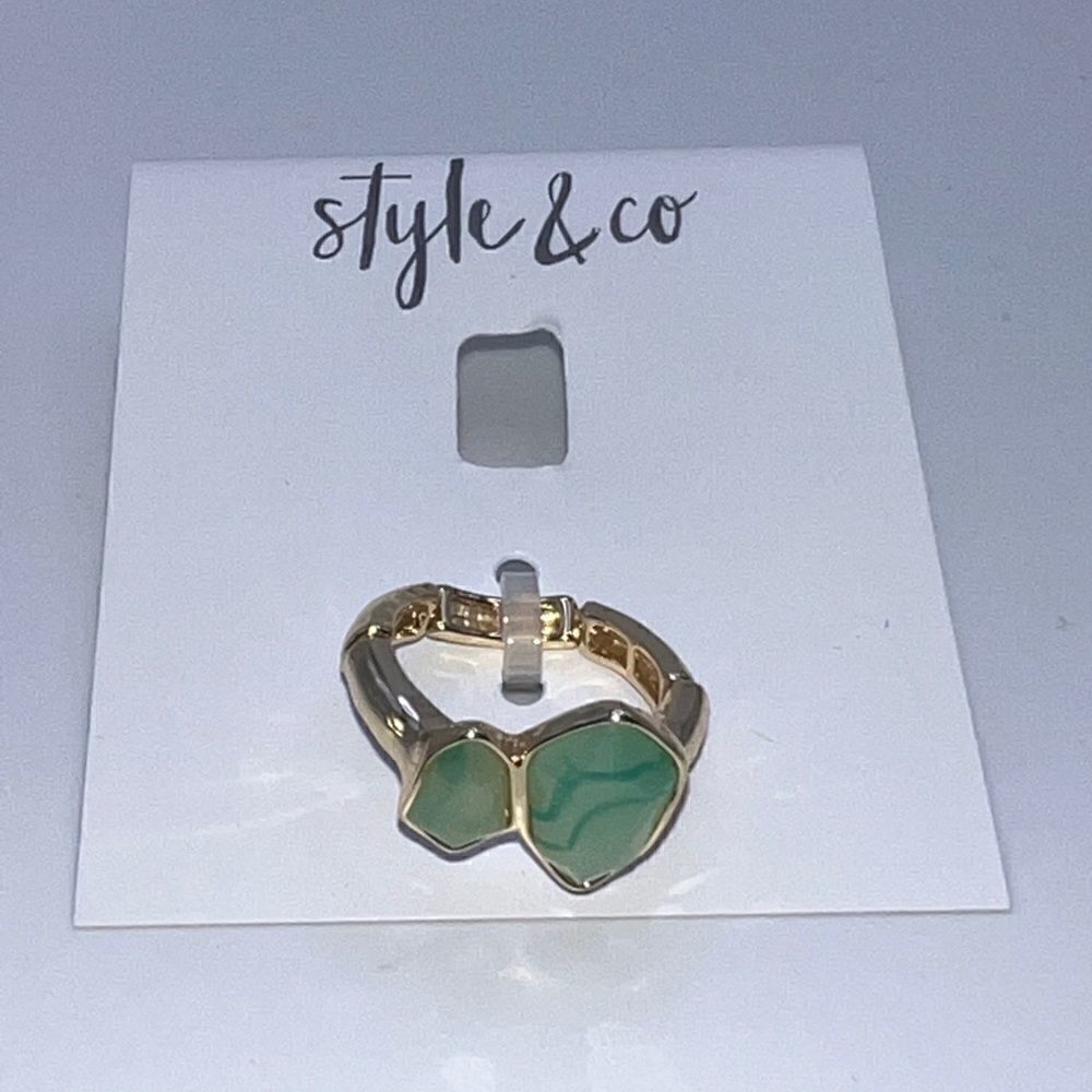 Style & Co Gold-Tone Double Light Green Stone Stretch Ring Adjustable Size New